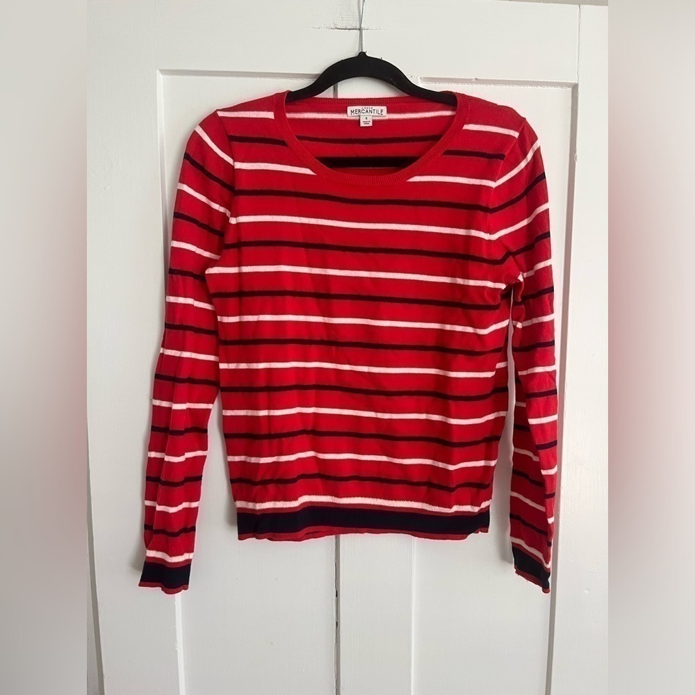 J. Crew Red Striped Crewneck Sweater with Navy & White